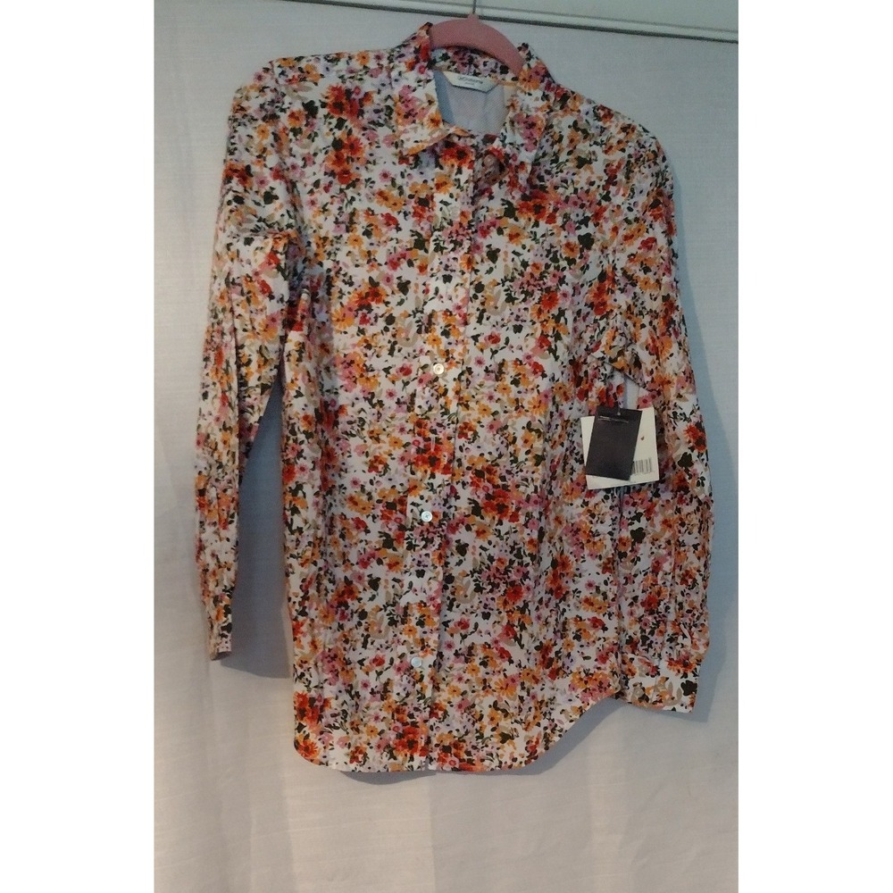 Liz Claiborne Womens Medium Floral Button-Down Shirt Green Pink White Cotton NWT
